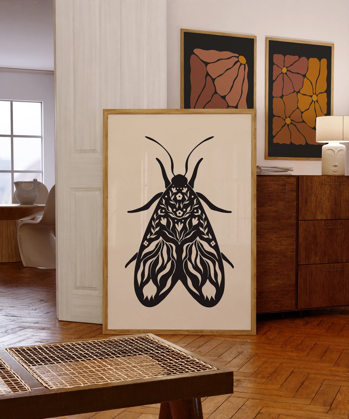 Folk Art Moth Cottagecore Botanical Art Print