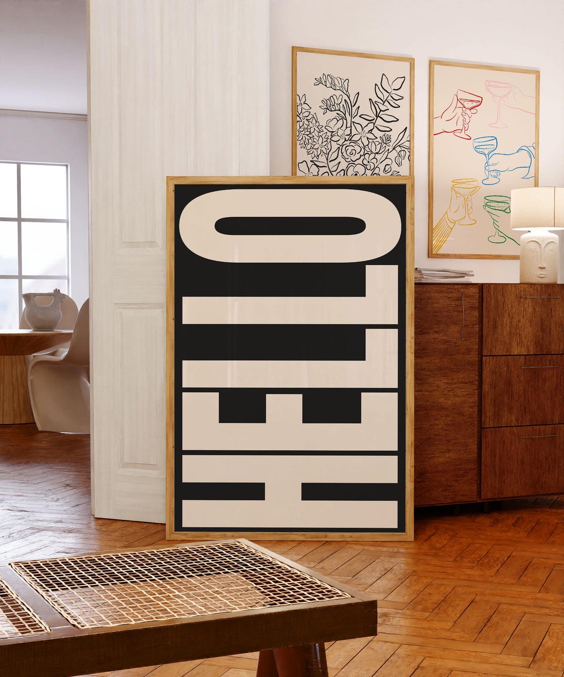 Hello Bold Retro Typography Black Cream Monochrome Statement Poster