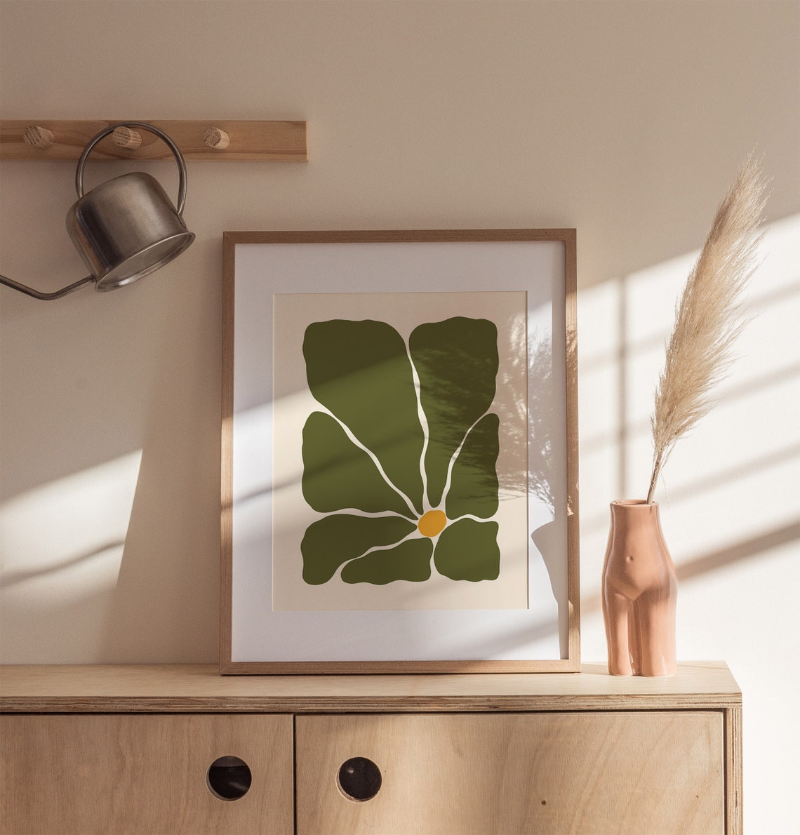 Retro Green Flower Abstract Botanical Mid Century Modern Art Poster