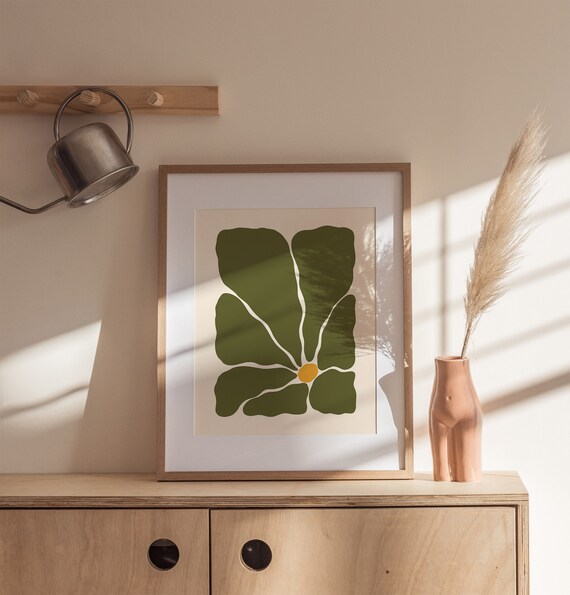 Retro Green Flower Abstract Botanical Mid Century Modern Art Poster
