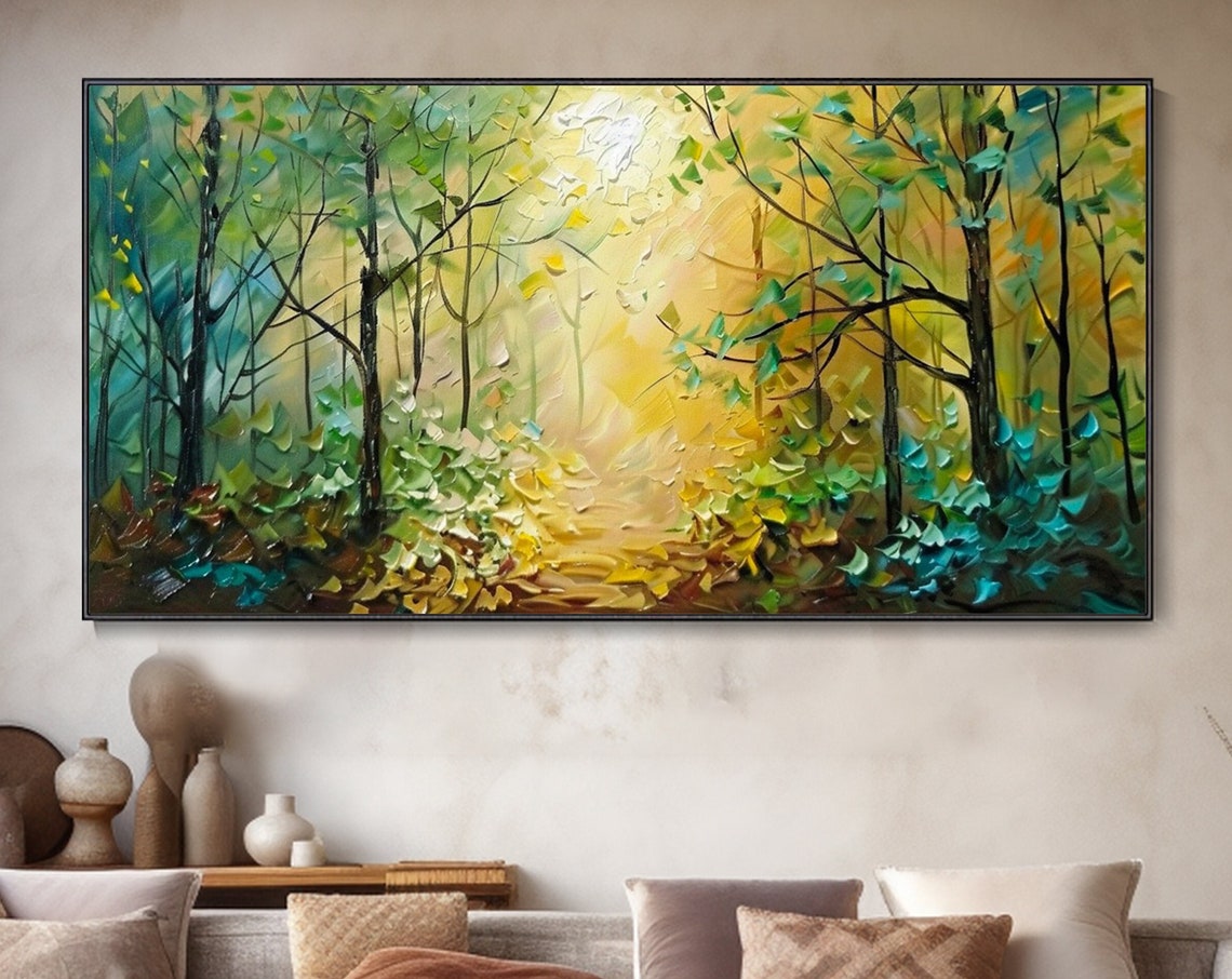 Golden Forest Path Sunlit Trees Textured Oil Painting Wall Art