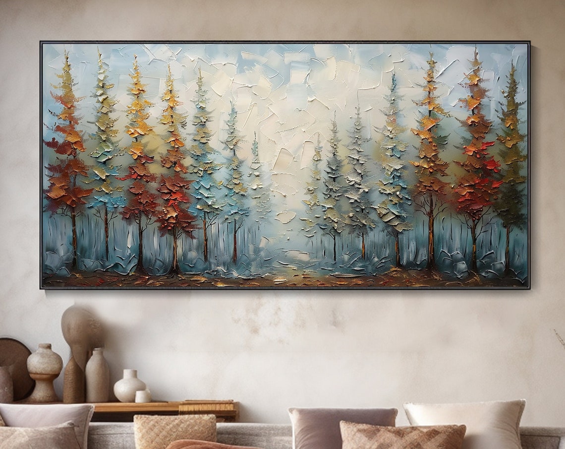 Colorful Pine Forest Misty Morning Textured Trees Landscape Wall Art
