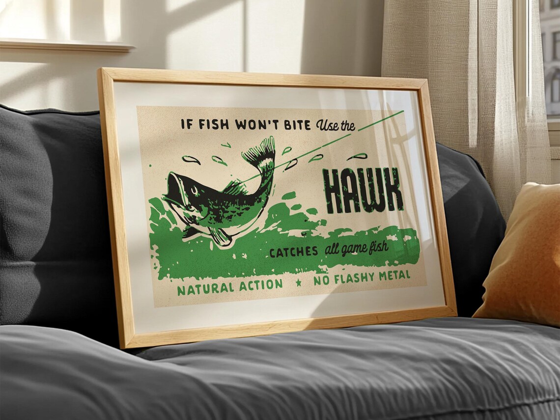 Hawk Fishing Lure Vintage Retro Angler Green Bass Fish Ad Poster - Image 3