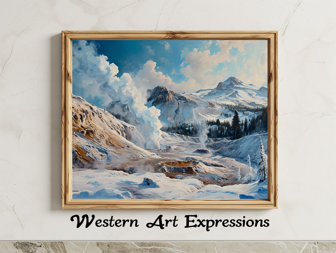 Winter Geyser Valley Snowy Mountains Steam Oil Painting Poster