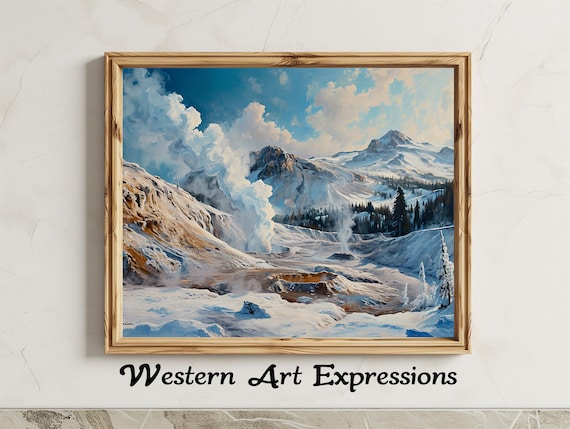 Winter Geyser Valley Snowy Mountains Steam Oil Painting Poster