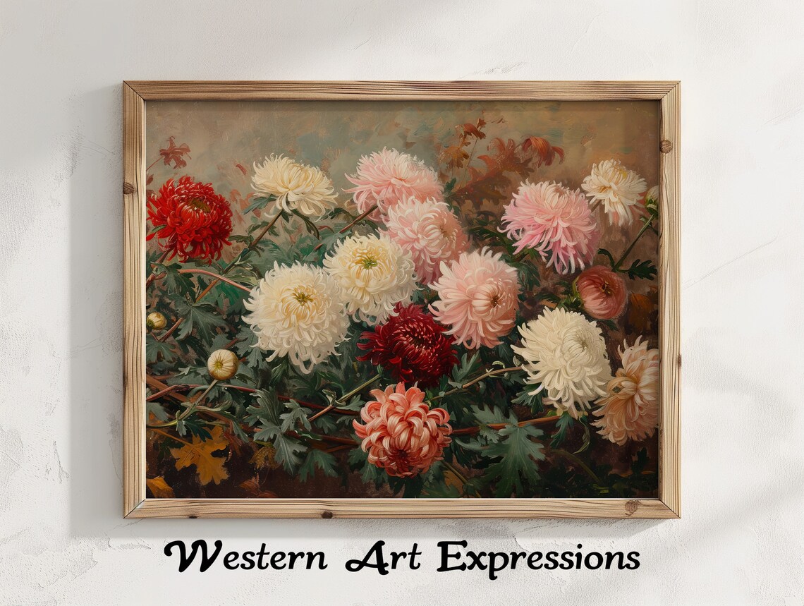 Red Pink White Chrysanthemum Bouquet Vintage Floral Still Life Poster