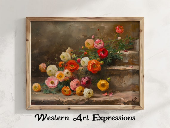 Ranunculus Discarded Vintage Flower Painting Floral Oil Print Botanical Artwork Classic Bouquet Canvas