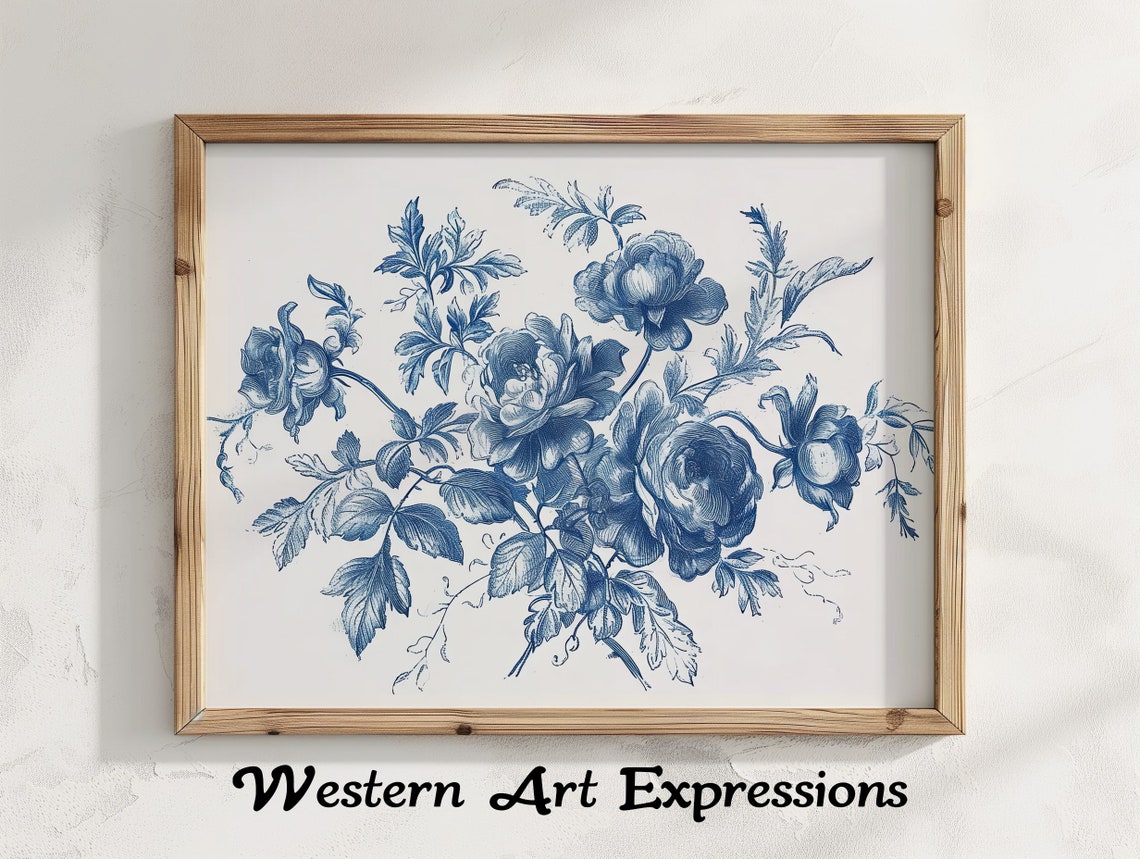 Blue Floral Arrangement Hand Drawn Ink Vintage Wall Art And White Botanical Print Classic Flower Illustration Decor
