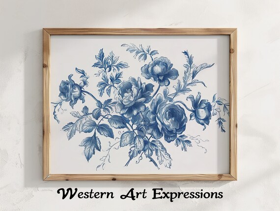 Blue Floral Arrangement Hand Drawn Ink Vintage Wall Art And White Botanical Print Classic Flower Illustration Decor