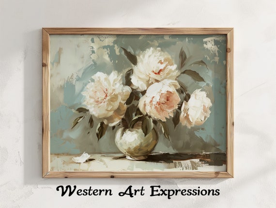 Peonies In Vase Peony Canvas Art Print Floral Wall Decor Botanical Painting Beige Blue Large Modern