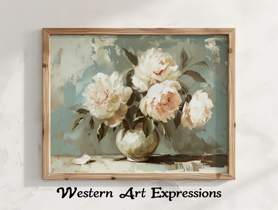 Oil Painting of White Peonies in a Ceramic Vase Floral Art Poster