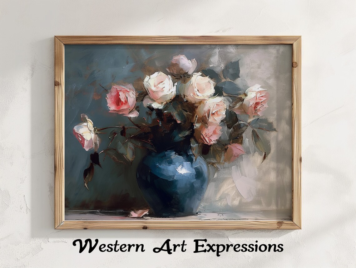 Impressionist Roses in a Blue Vase Vintage Floral Art Poster