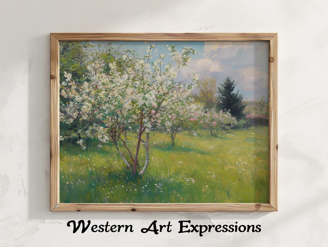Spring Blossom Trees Sunlit Countryside Meadow Oil Painting Poster