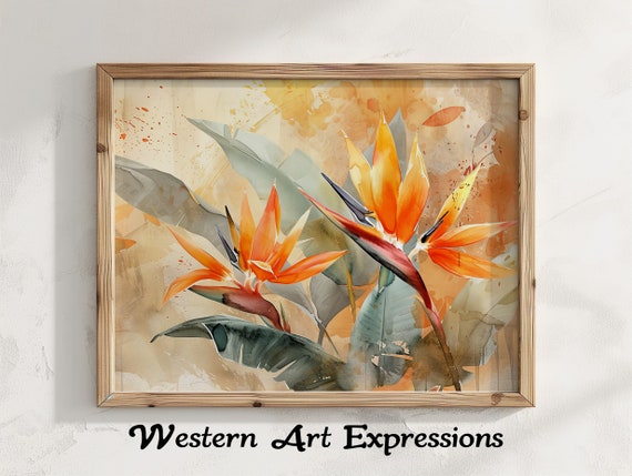Watercolor Birds Of Paradise Blooming Abstract Botanical Art Print Modern Wall Decor Tropical Plant