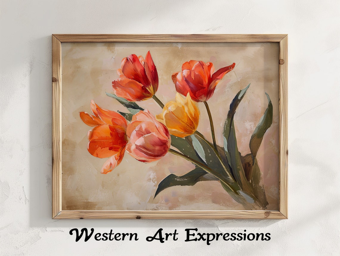 Tulip Oil Painting Vintage Art Print Floral Wall Canvas Botanical Home Decor Rustic Flower