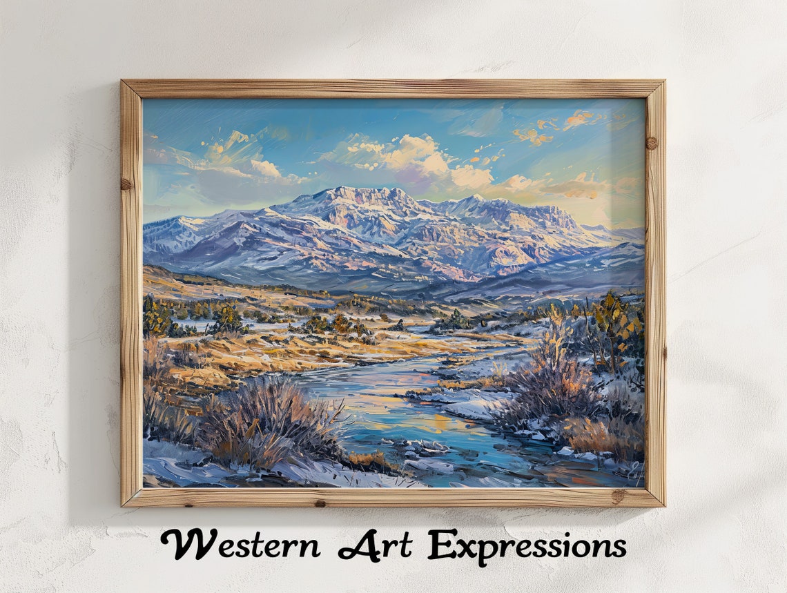 Snowcapped Mountain Creek Winter Valley Vintage Oil Painting Poster