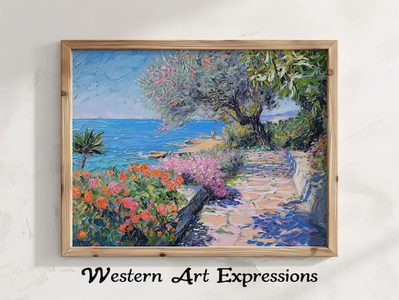 Seaside Flower Garden Path Ocean View Impressionist Coastal Poster