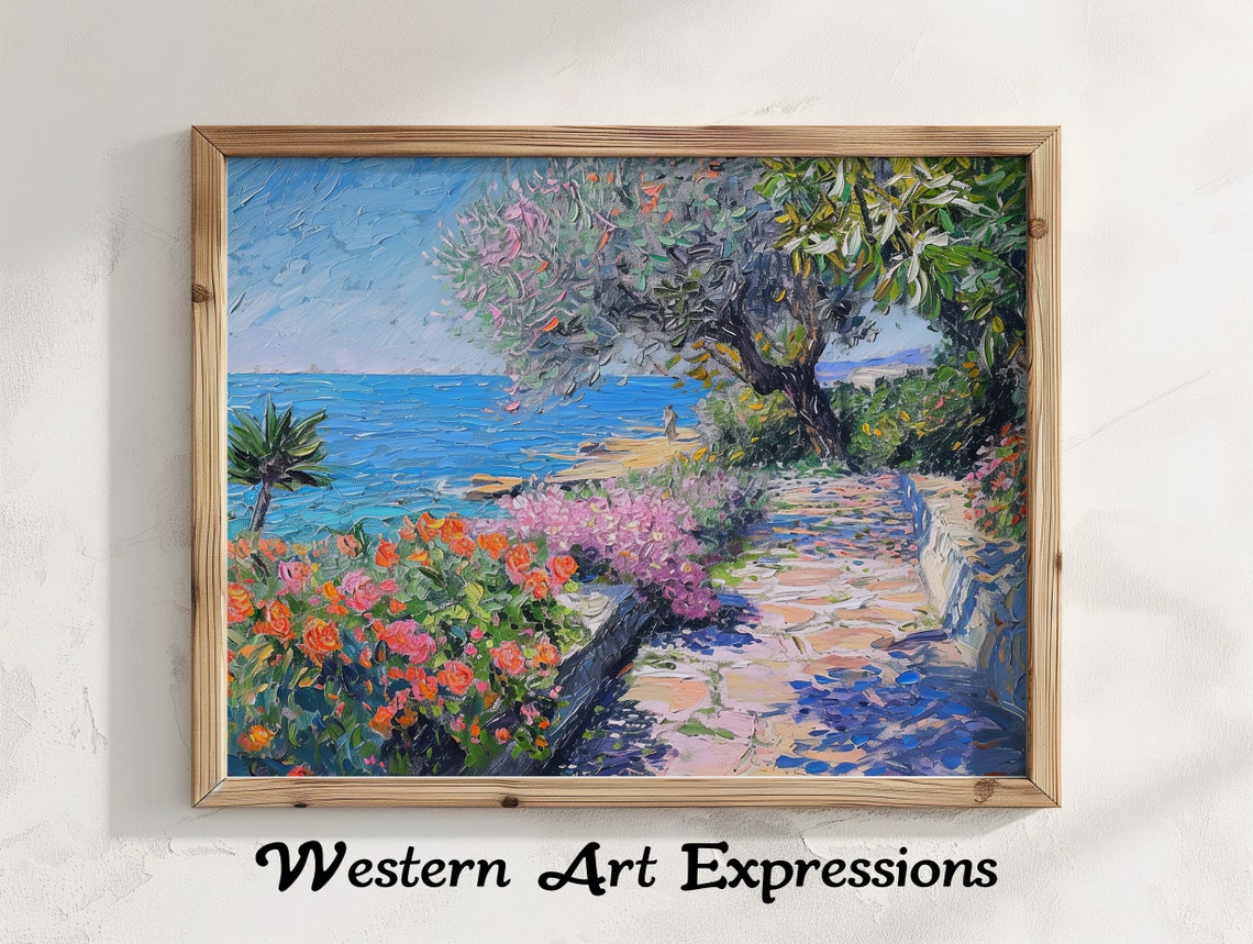 Seaside Flower Garden Path Ocean View Impressionist Coastal Poster