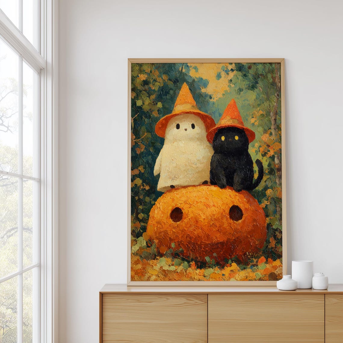 Chubby Ghost and Black Cat on Jack-O-Lantern Halloween Poster