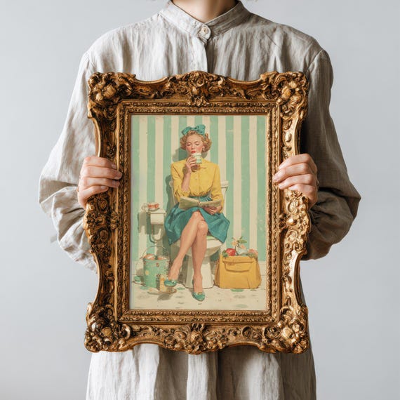 Funny Retro Woman On Toilet Print Midcentury Bathroom Art