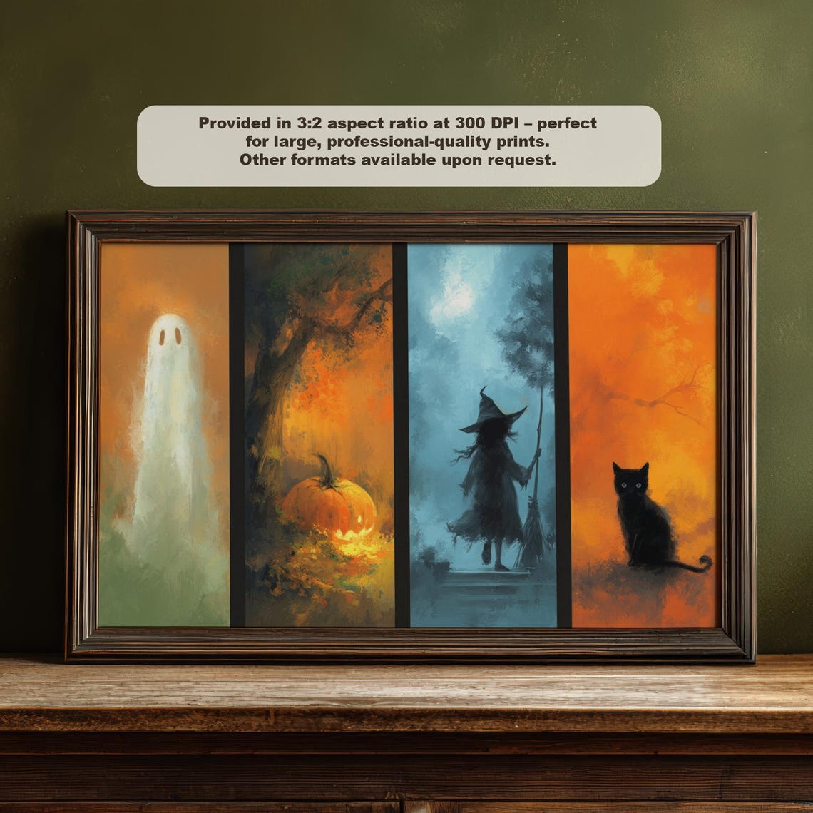 Halloween Four Panel Ghost Pumpkin Witch Black Cat Spooky Poster