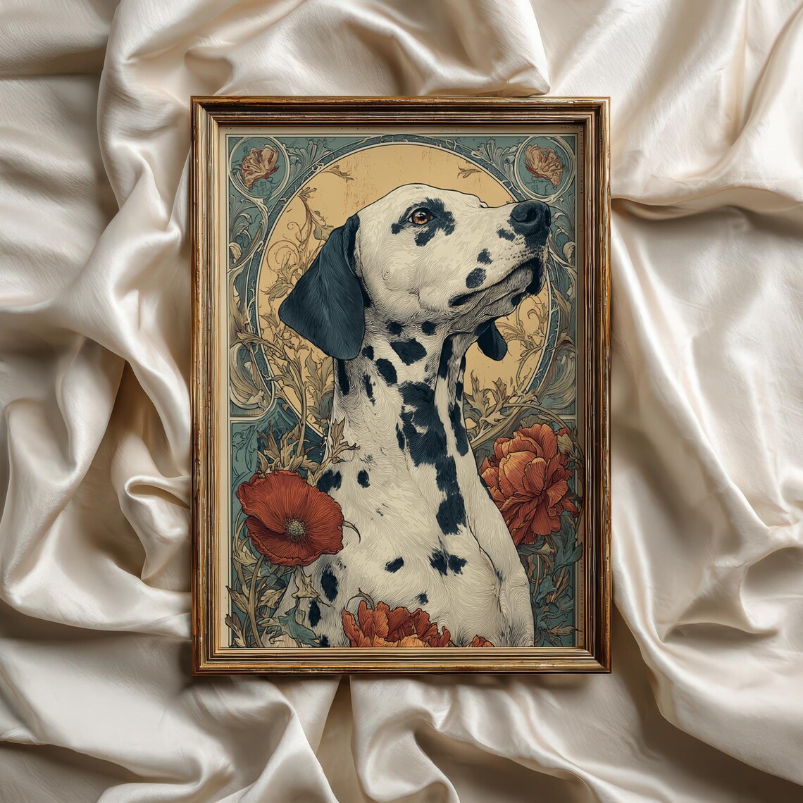 Art Nouveau Dalmatian Dog Portrait With Red Poppies Vintage Style Print