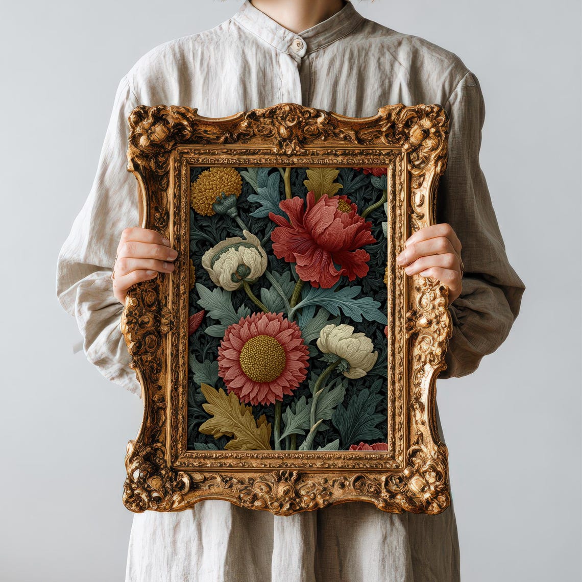 William Morris Style Floral Poster Moody Red Peony Botanical Art
