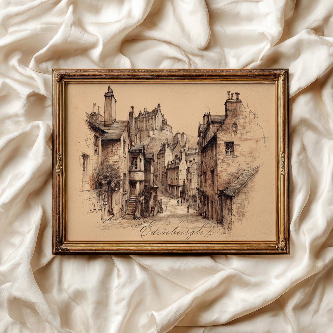 Vintage Edinburgh Old Town Castle Sketch Scotland Travel Print