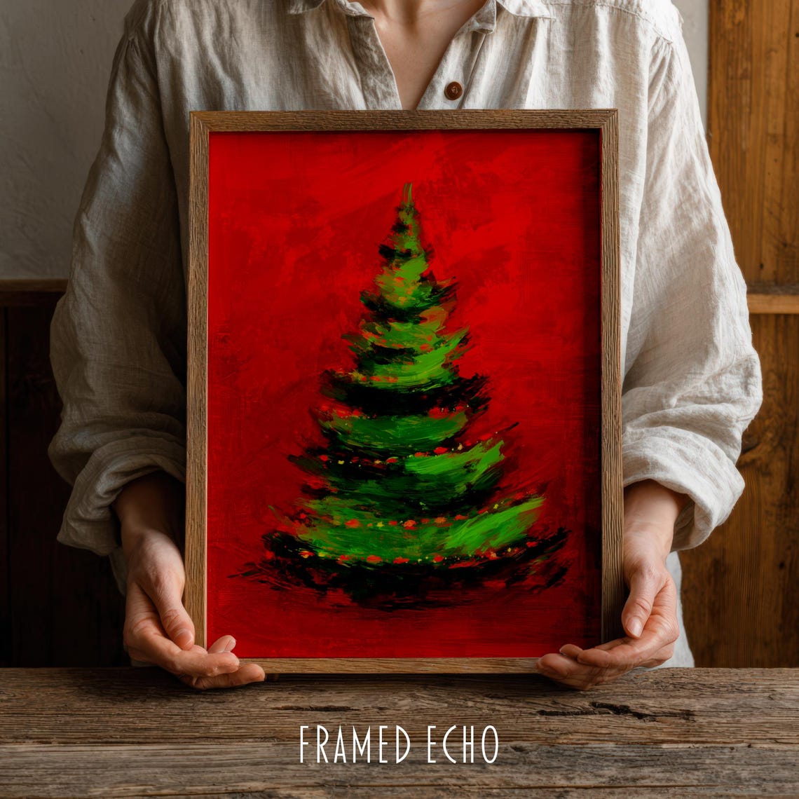 Abstract Christmas Tree Print Painterly Red Holiday Wall Art
