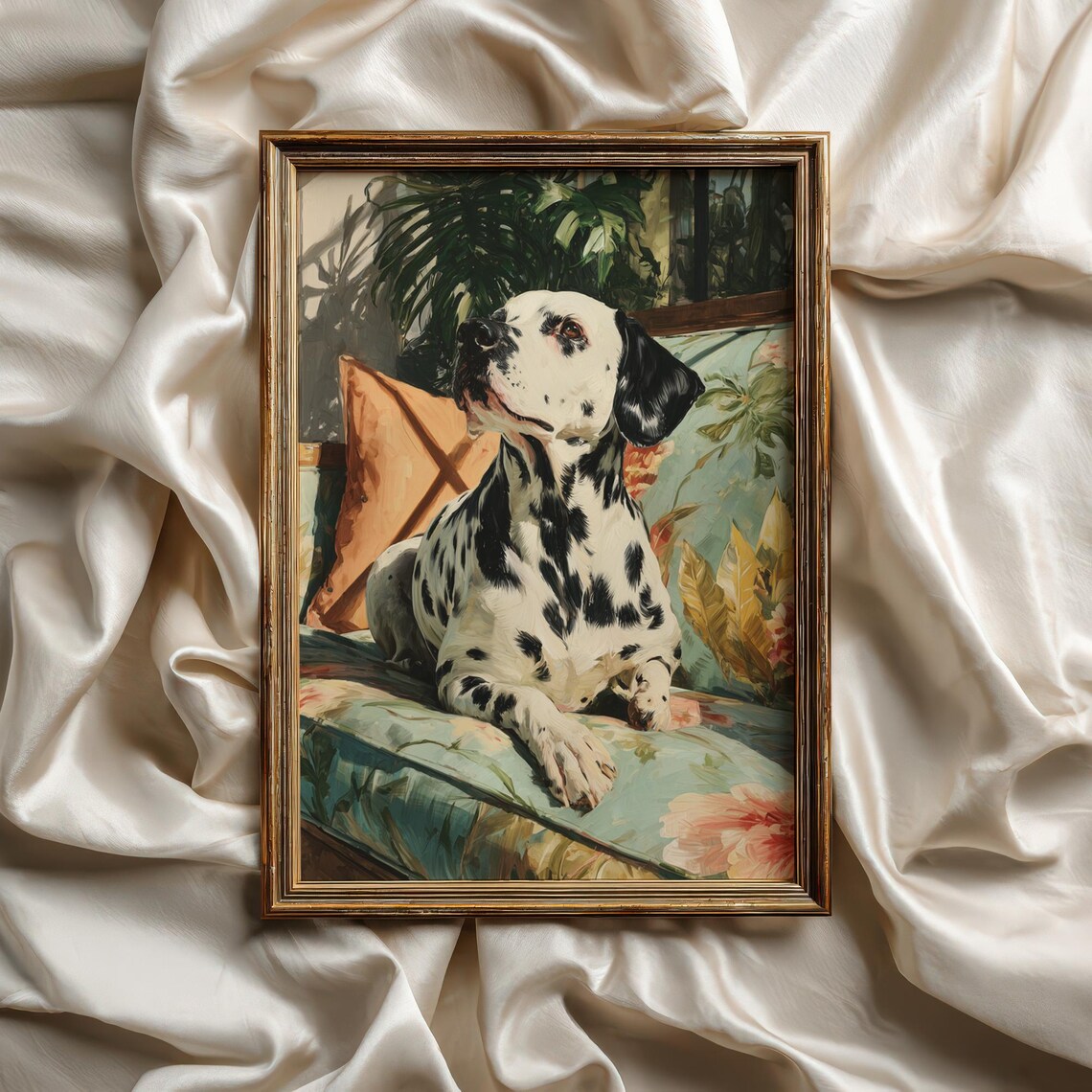 Dalmatian Dog Lounging on Floral Sofa Classic Oil Painting Poster