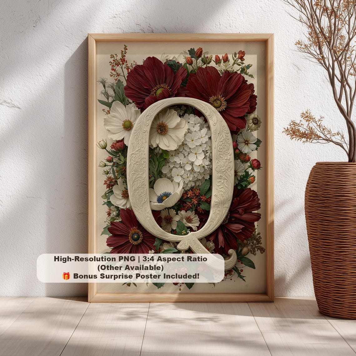Ivory Letter Q White Burgundy Cosmos Cream Vintage Botanical Print