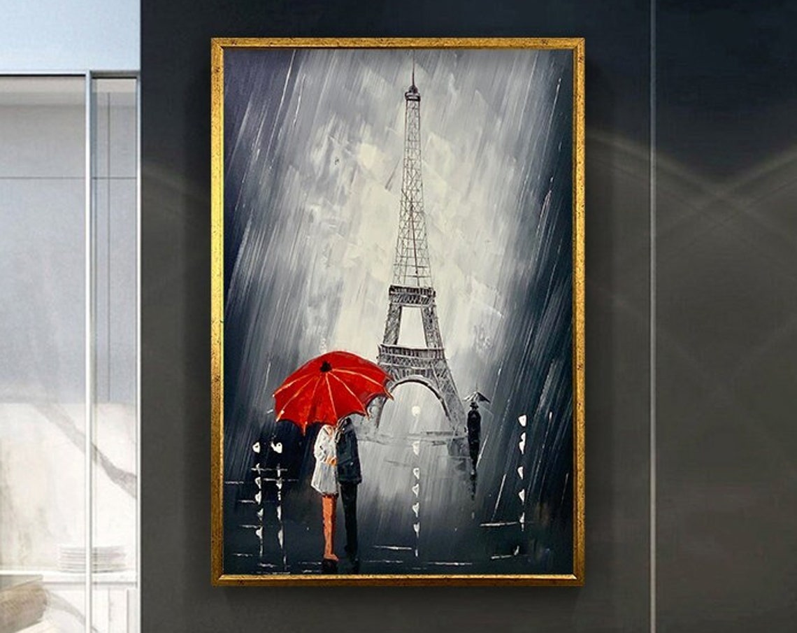 Eiffel Tower Rain Red Umbrella Lovers Romantic Paris Night Poster