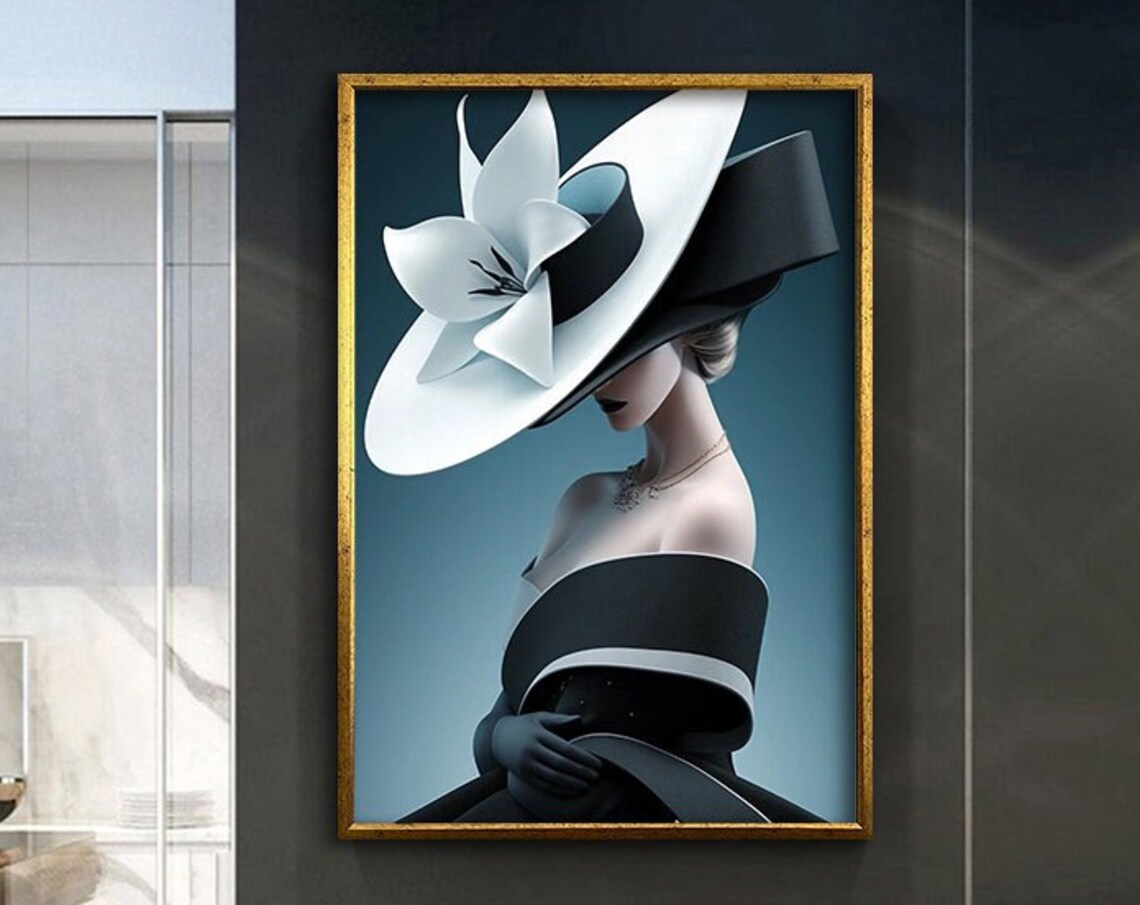 Elegant Woman Wide Brim White Hat Black Dress Fashion Art Poster