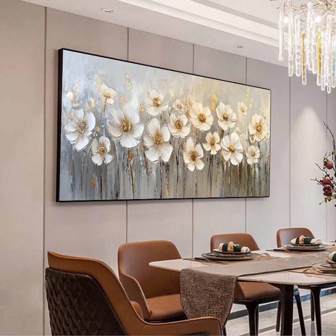 White Cosmos Flowers With Golden Centers Panoramic Elegant Wall Art - Image 5
