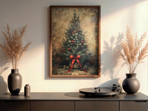 Vintage Christmas Tree Print Wall Art Winter Moody Botanical Antique Holiday Evergreen Painting