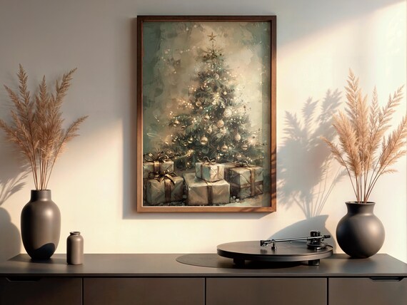 Vintage Christmas Tree Poster With Gold Ornaments And Wrapped Gifts
