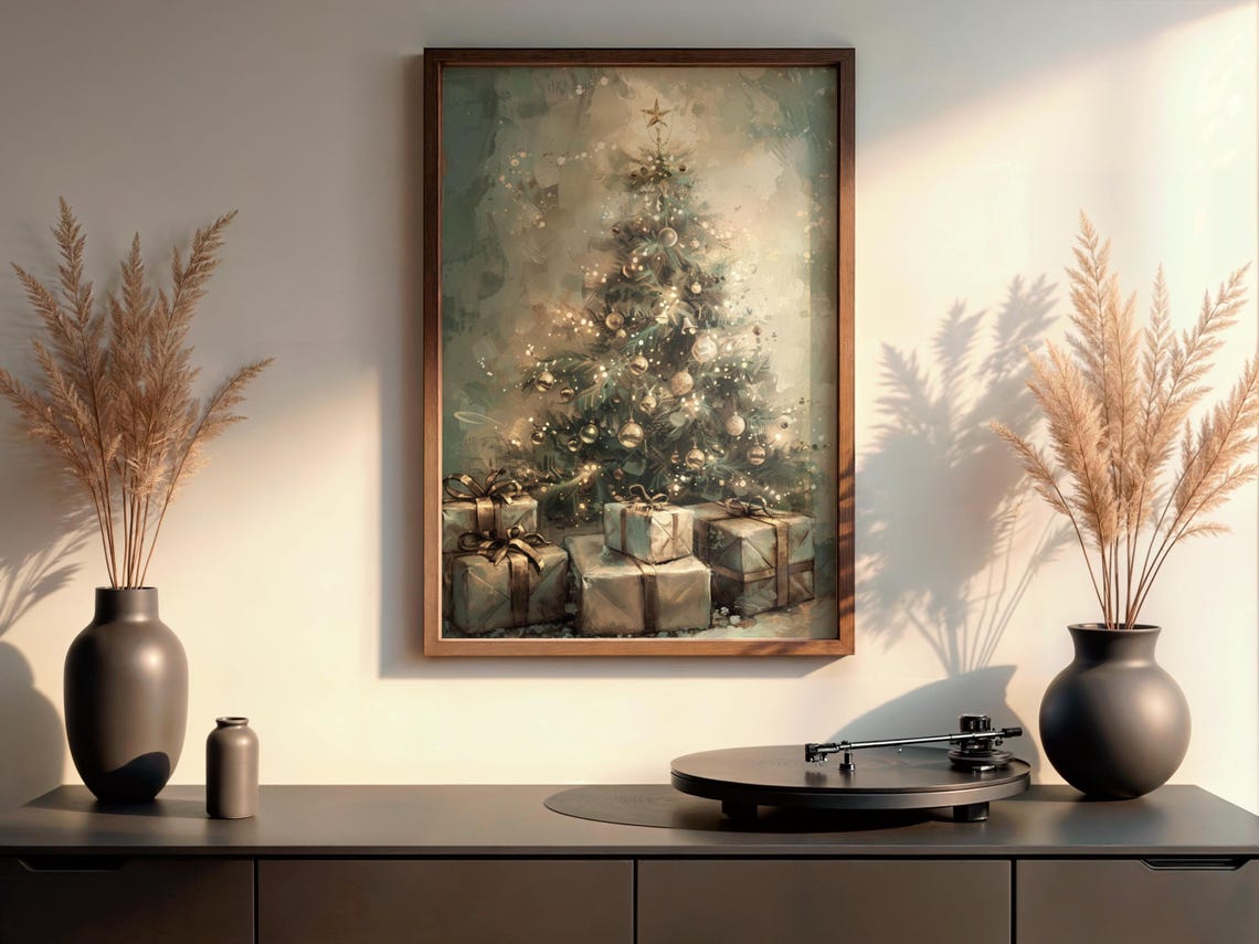 Vintage Christmas Tree Poster With Gold Ornaments And Wrapped Gifts