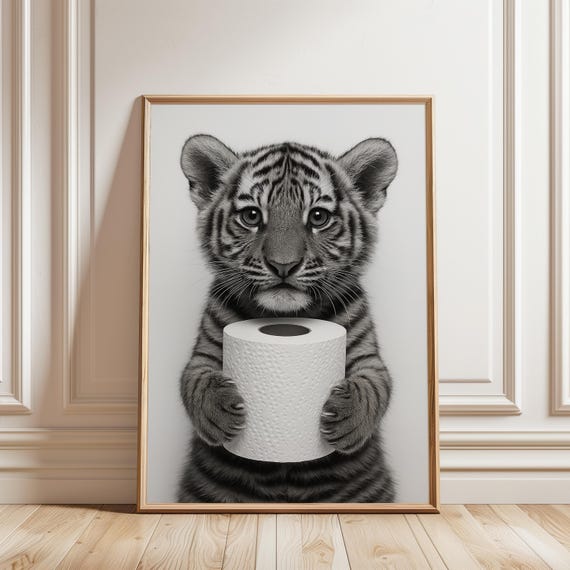 Funny Bathroom Tiger Art Print Cute Baby Holding Toilet Paper Poster Quirky Animal Wall Decor Black And White