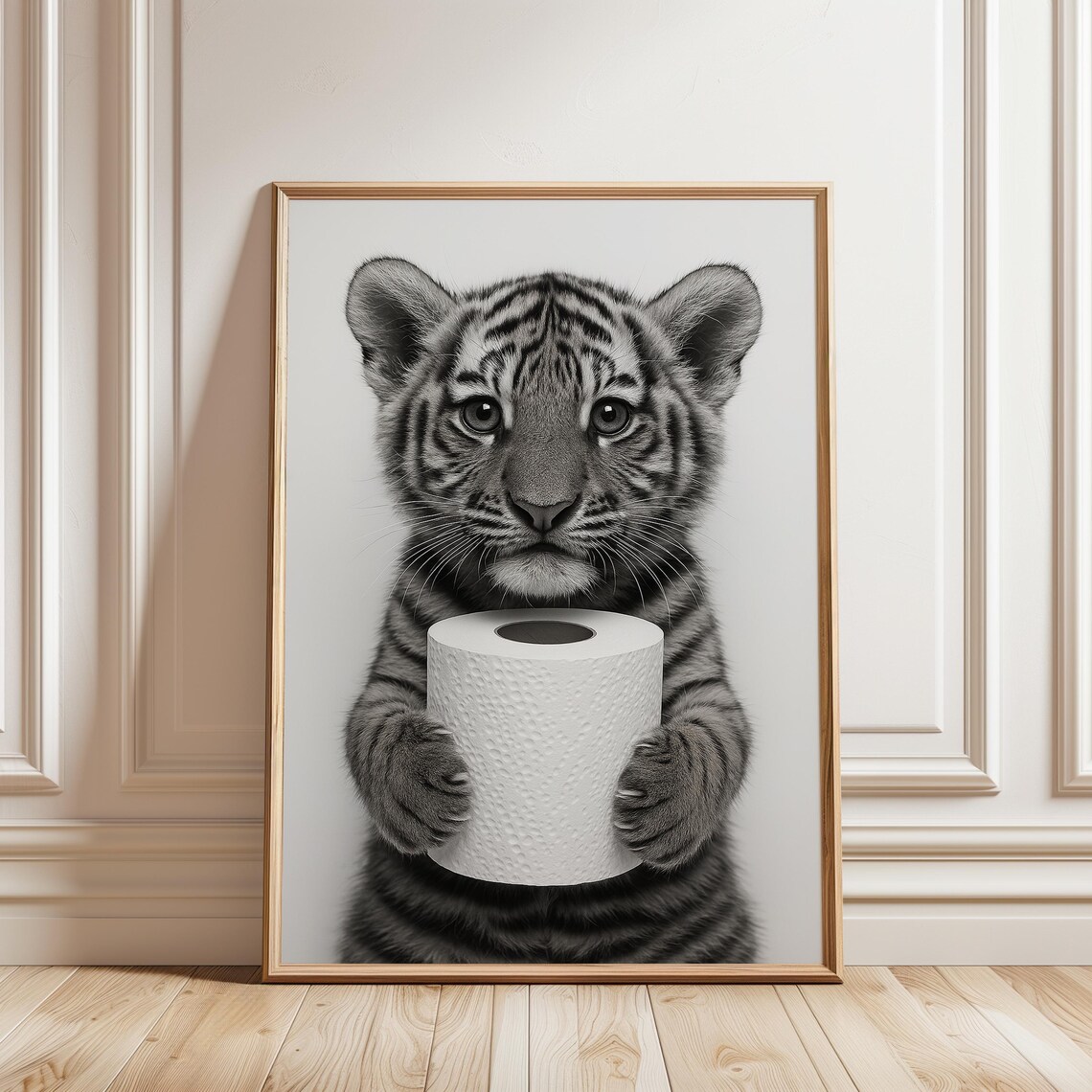Cute Tiger Cub Holding Toilet Paper Funny Bathroom Art Poster