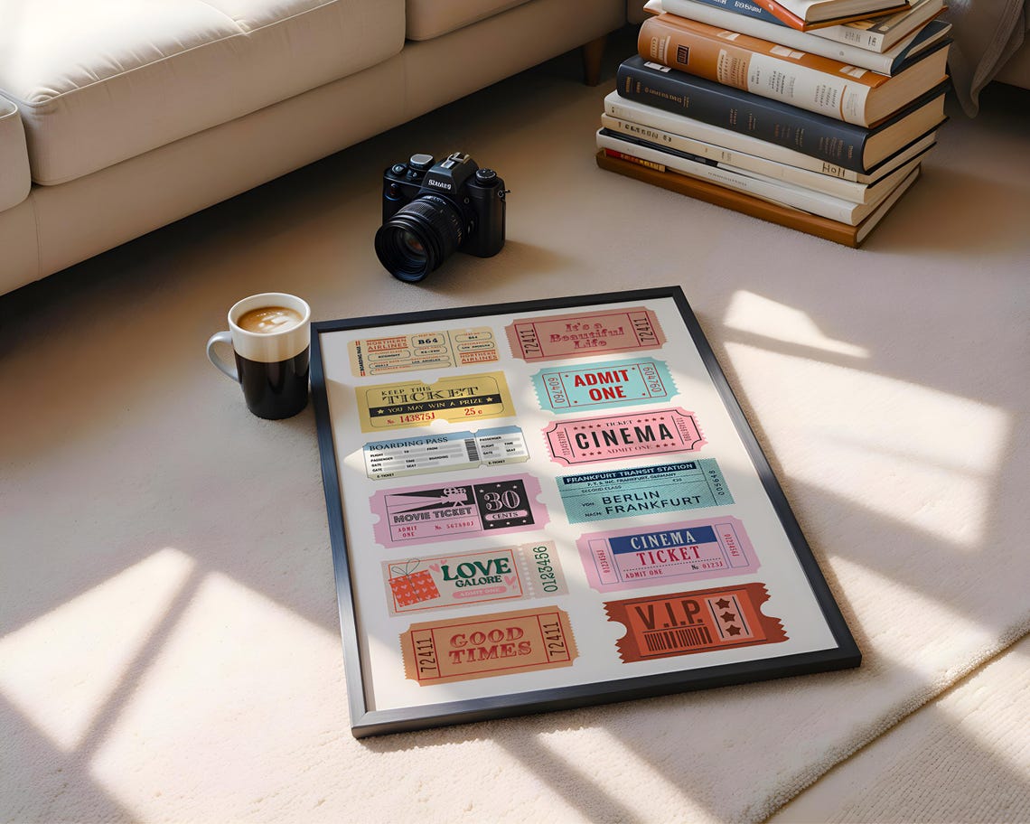 Vintage Ticket Stub Collage Cinema Boarding Pass Retro Art Poster - Image 8