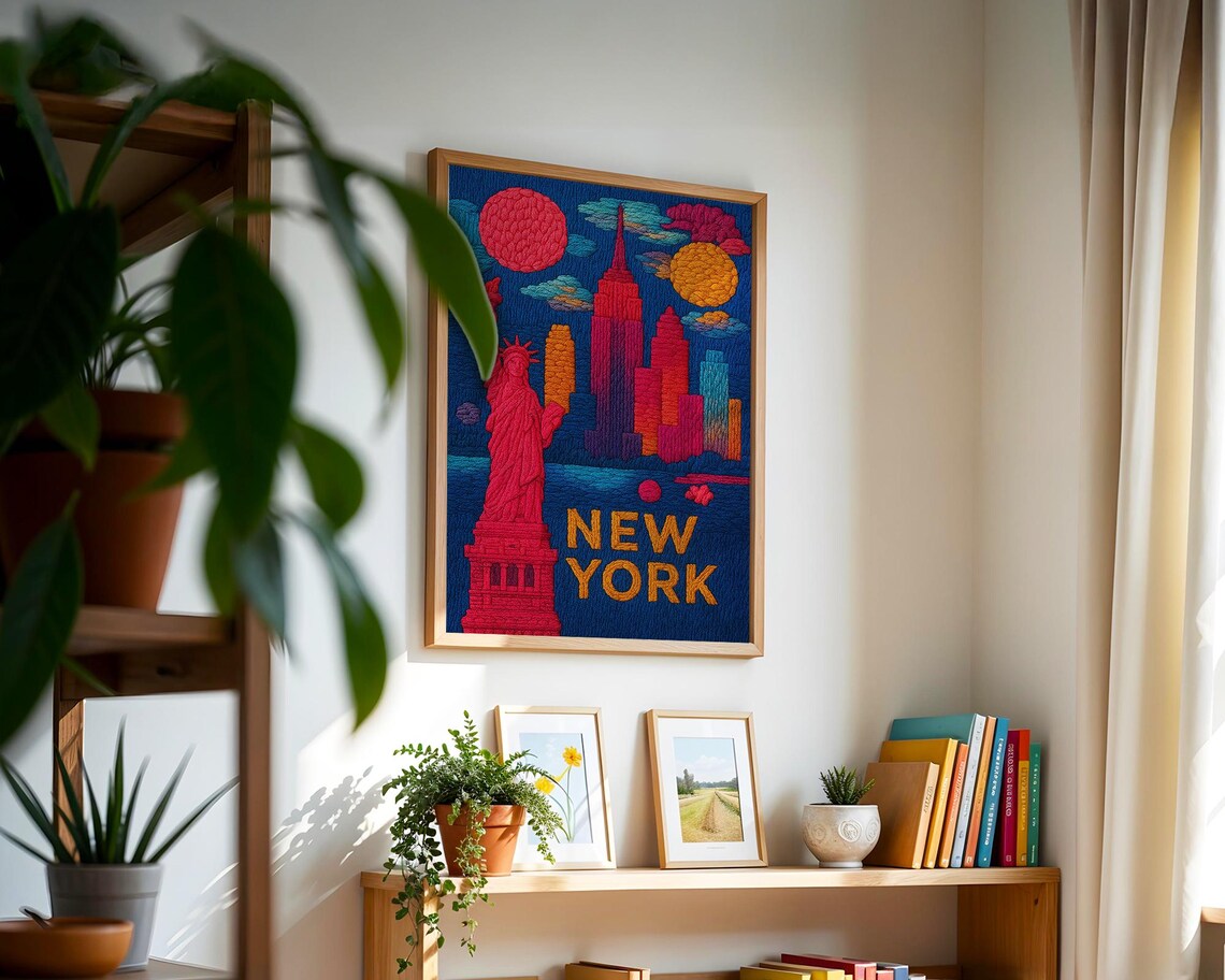 New York City Embroidered Statue Of Liberty Skyline Art Poster - Image 4