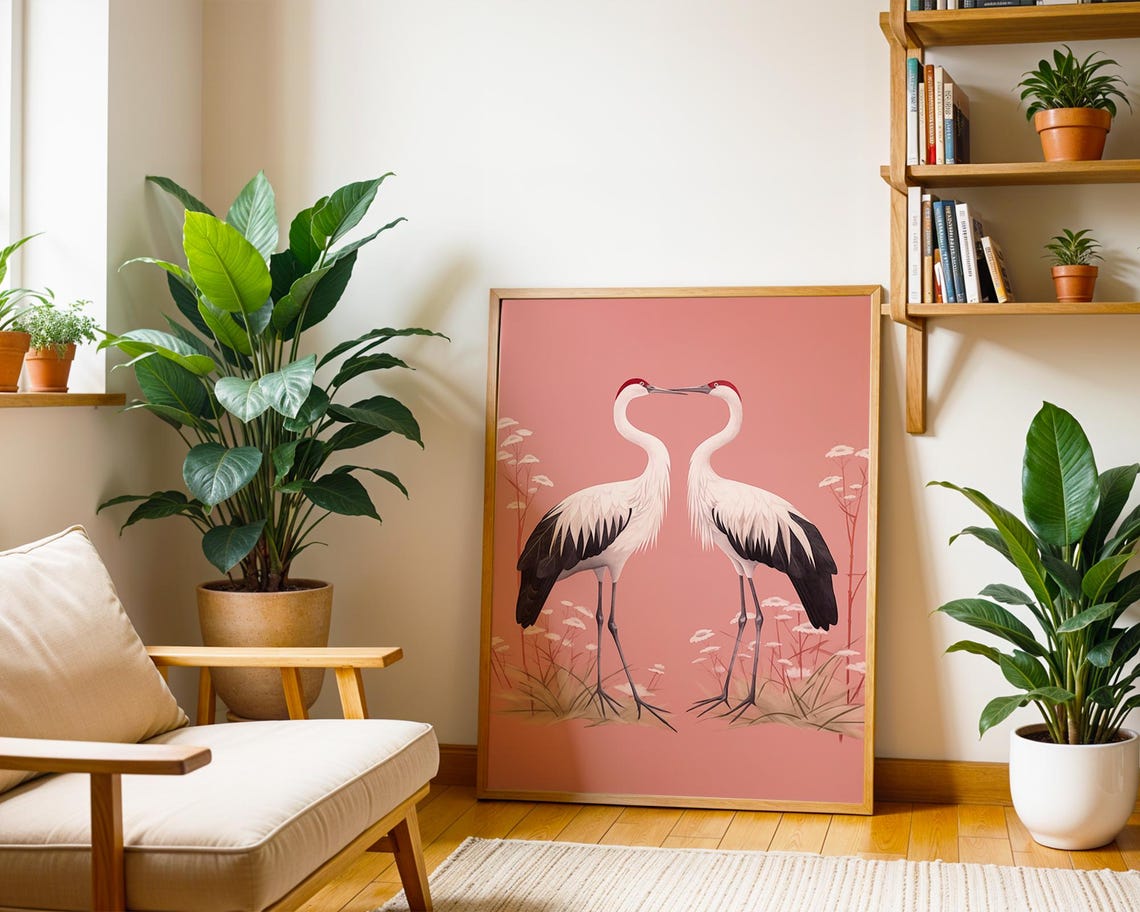 Two Red Crowned Cranes Pink Blossom Japanese Style Art Poster - Image 2