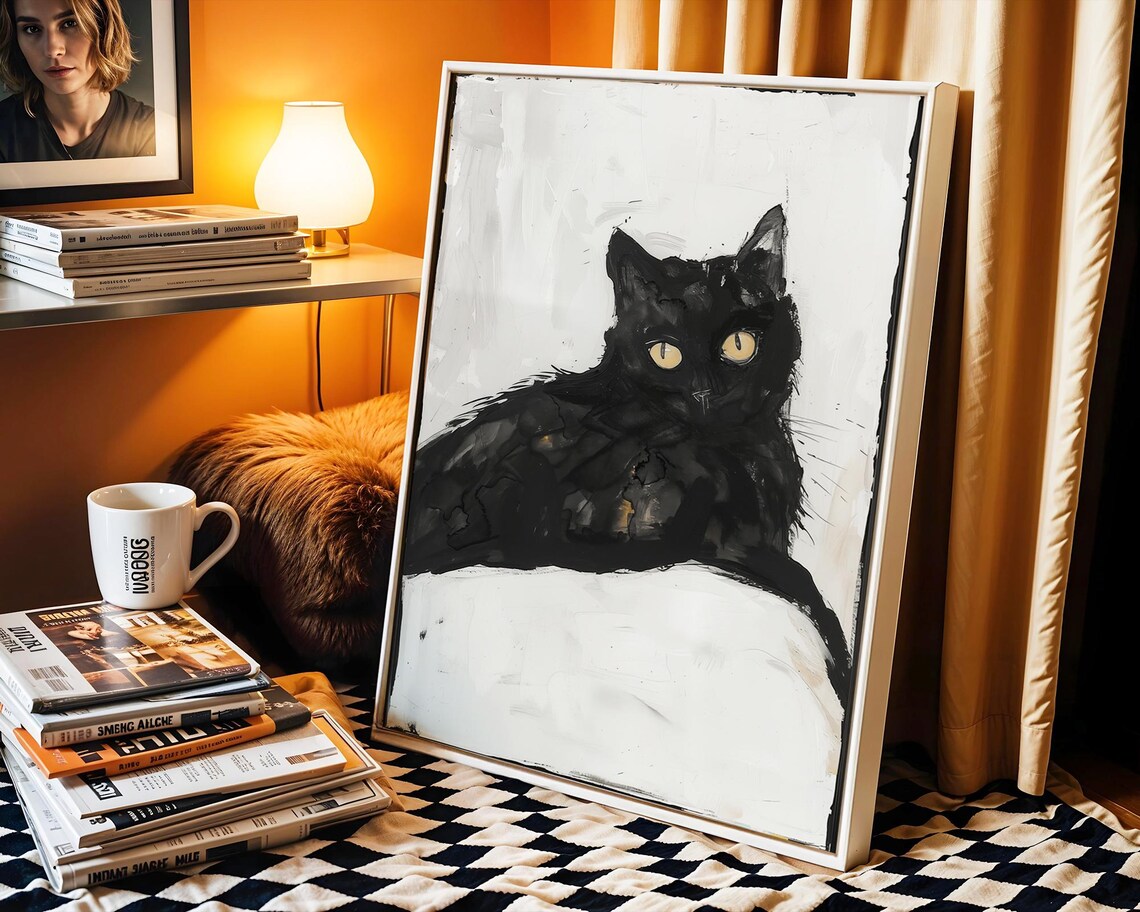 Moody Black Cat With Golden Eyes Minimalist Feline Art Poster - Image 2