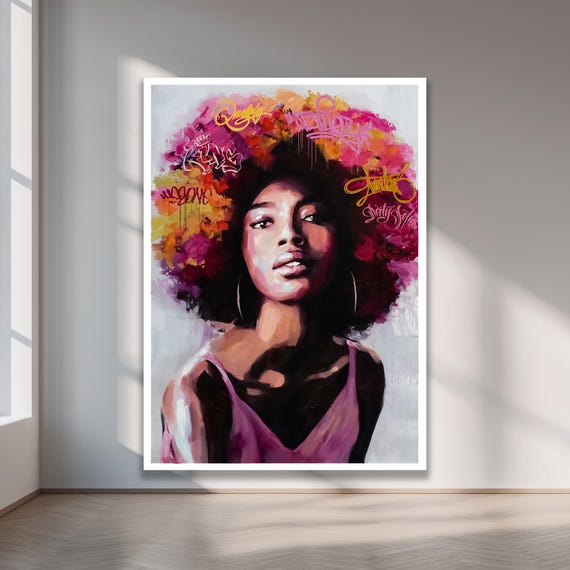 Vibrant Afro Portrait Canvas Art Colorful Woman Wall Decor Modern Abstract Painting For Home