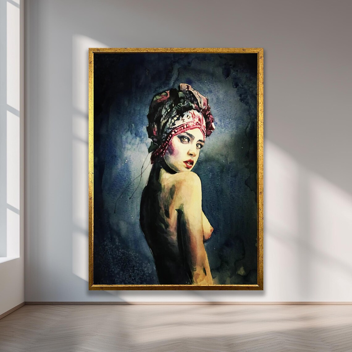 Moody Woman Headwrap Portrait Dark Watercolor Elegant Art Print