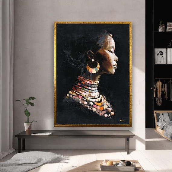 African Woman Portrait Canvas Modern Black Wall Art Ethnic Tribal Oil Painting Print