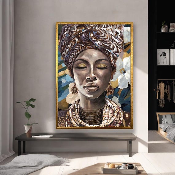 Beautiful African Woman Portrait With Flower And Gold Accents Canvas Art