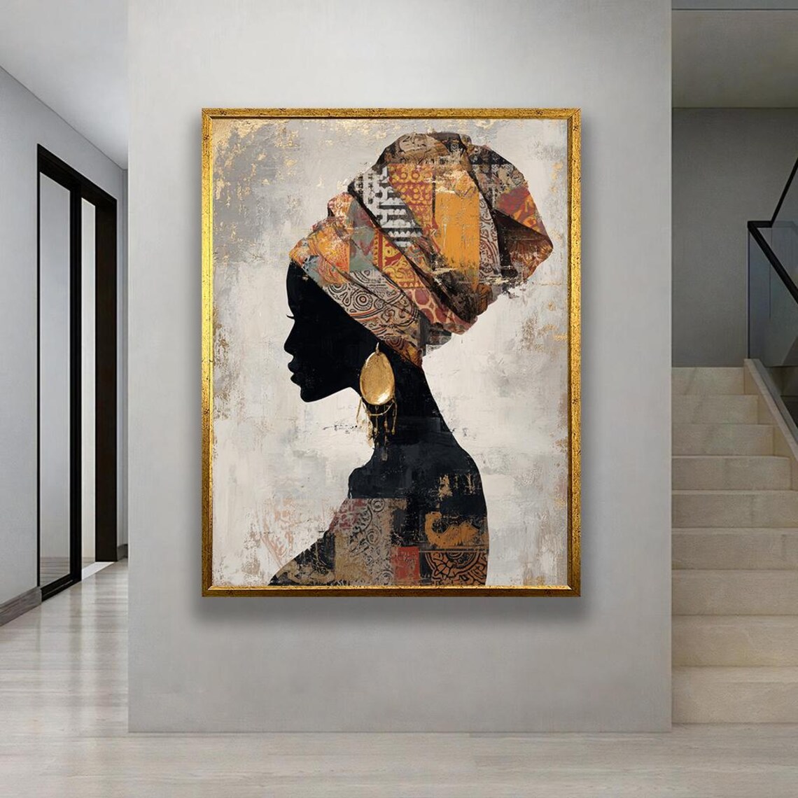 African Woman Silhouette Colorful Headwrap Afrocentric Painting Poster
