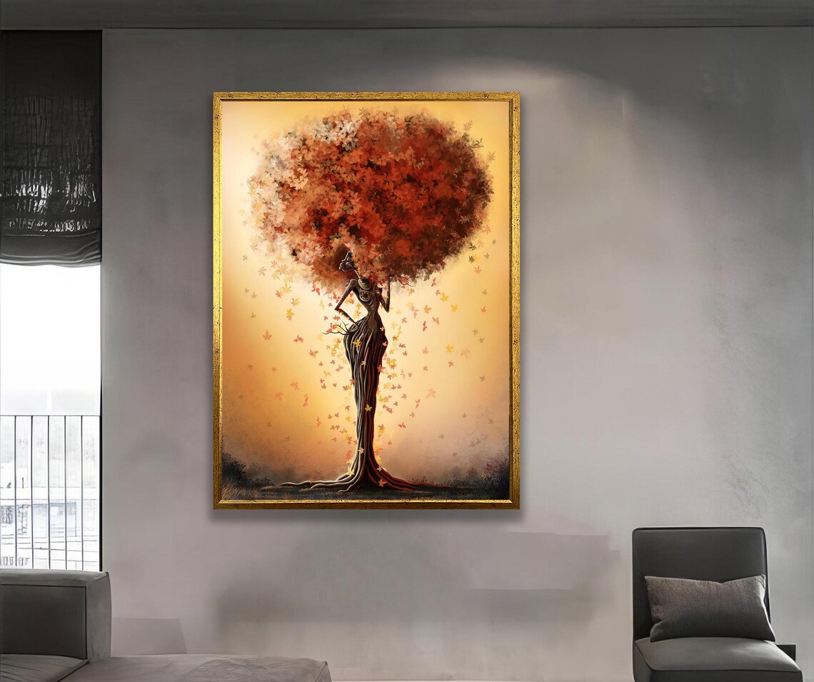 Autumn Tree Woman Figurative Painting Falling Leaves Gold Art Poster
