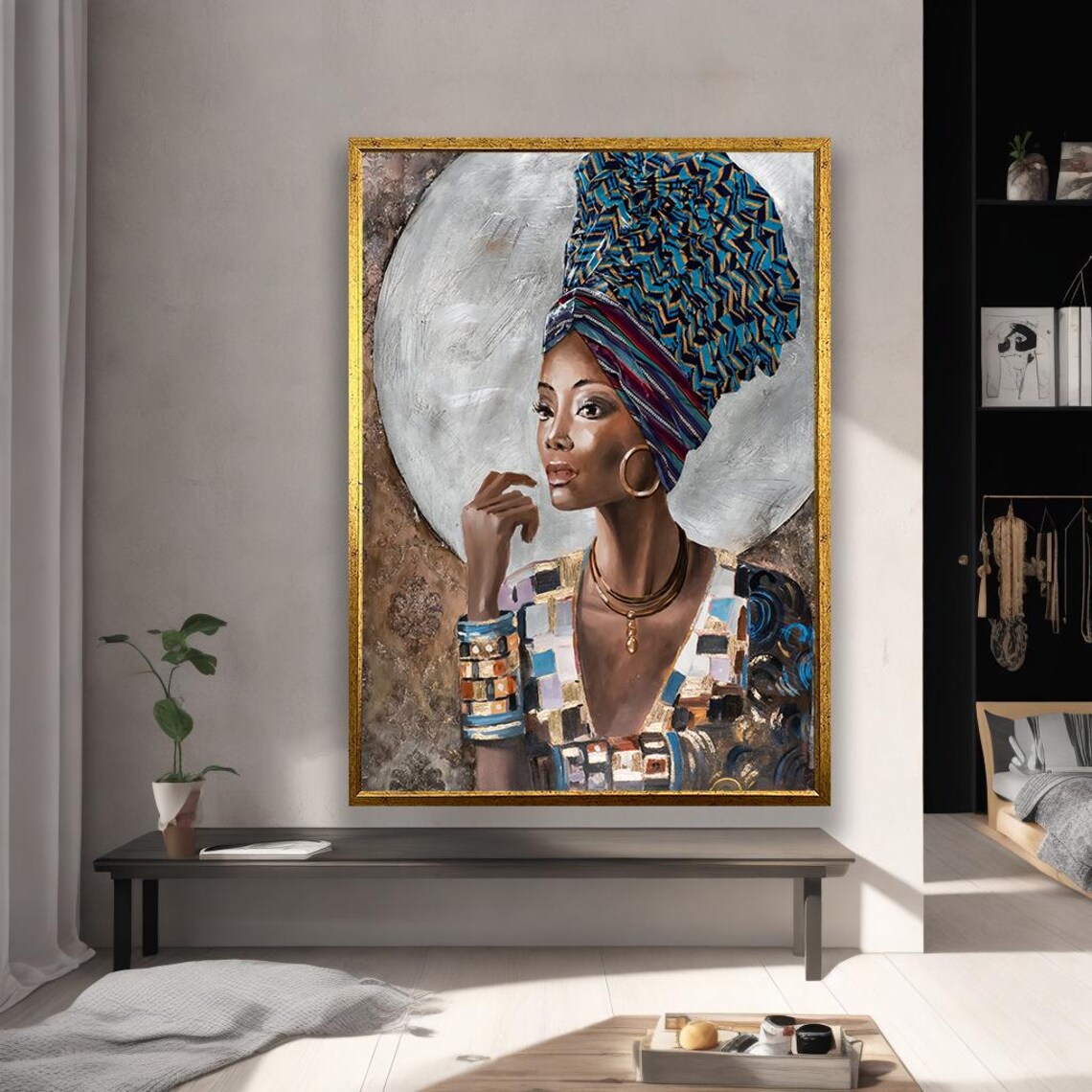African Woman Portrait Colorful Headwrap Abstract Geometric Art Painting Poster